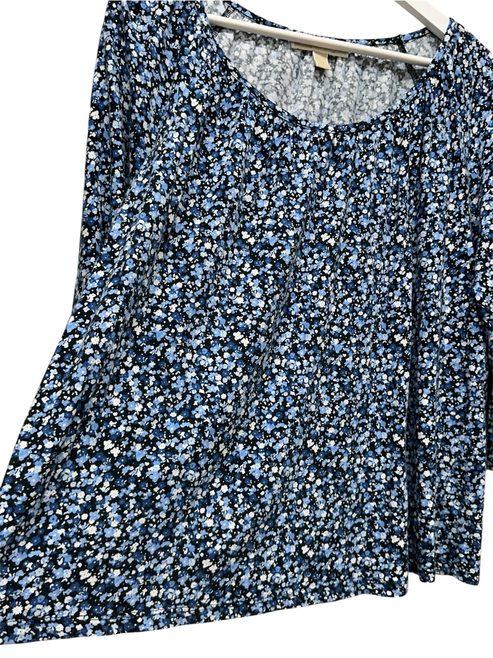 Michael Kors Peasant Cottage Blue Floral Top Blouse Sz L Bell Sleeve Stretch - Picture 4 of 8